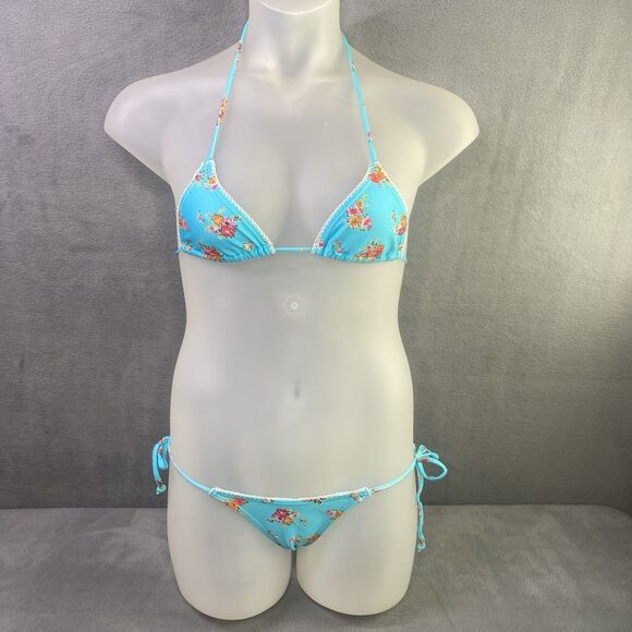 AGUA DOCE Brazilian 2-pc Bikini Size Medium Blue Flowers Lace Trim Hip Tie - Picture 1 of 9
